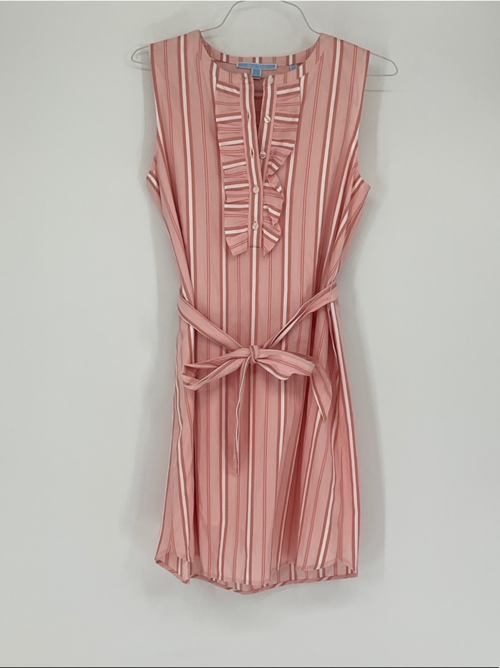 Draper James Pink Stripe Ruffle Bib Belted Mini Dress Small Cotton Southern
